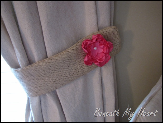 silk flower on burlap curtain tie backs